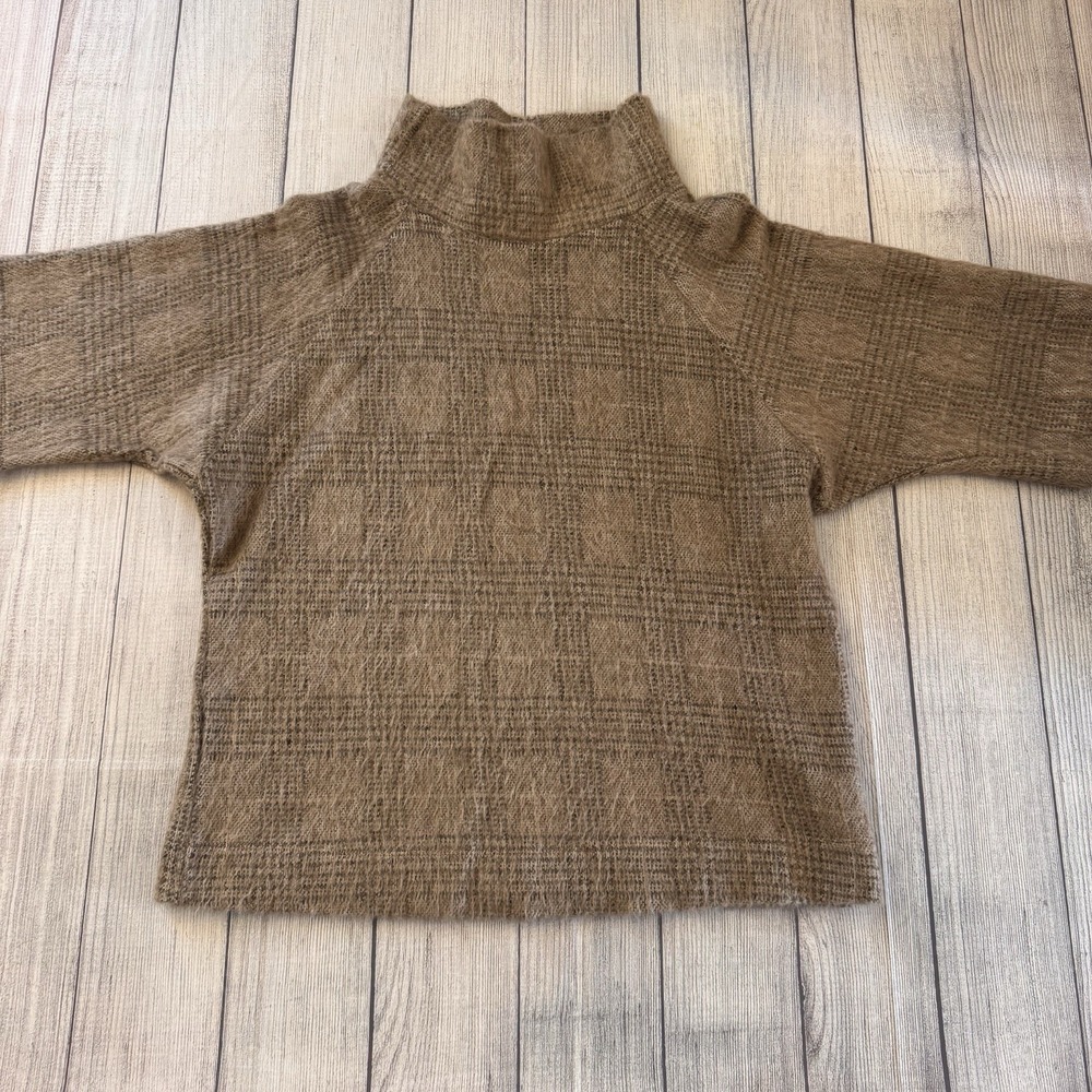 Bryn Walker Brown Plaid Mock Neck Sweater Small Made In USA Fuzzy Boxy Cozy Knit